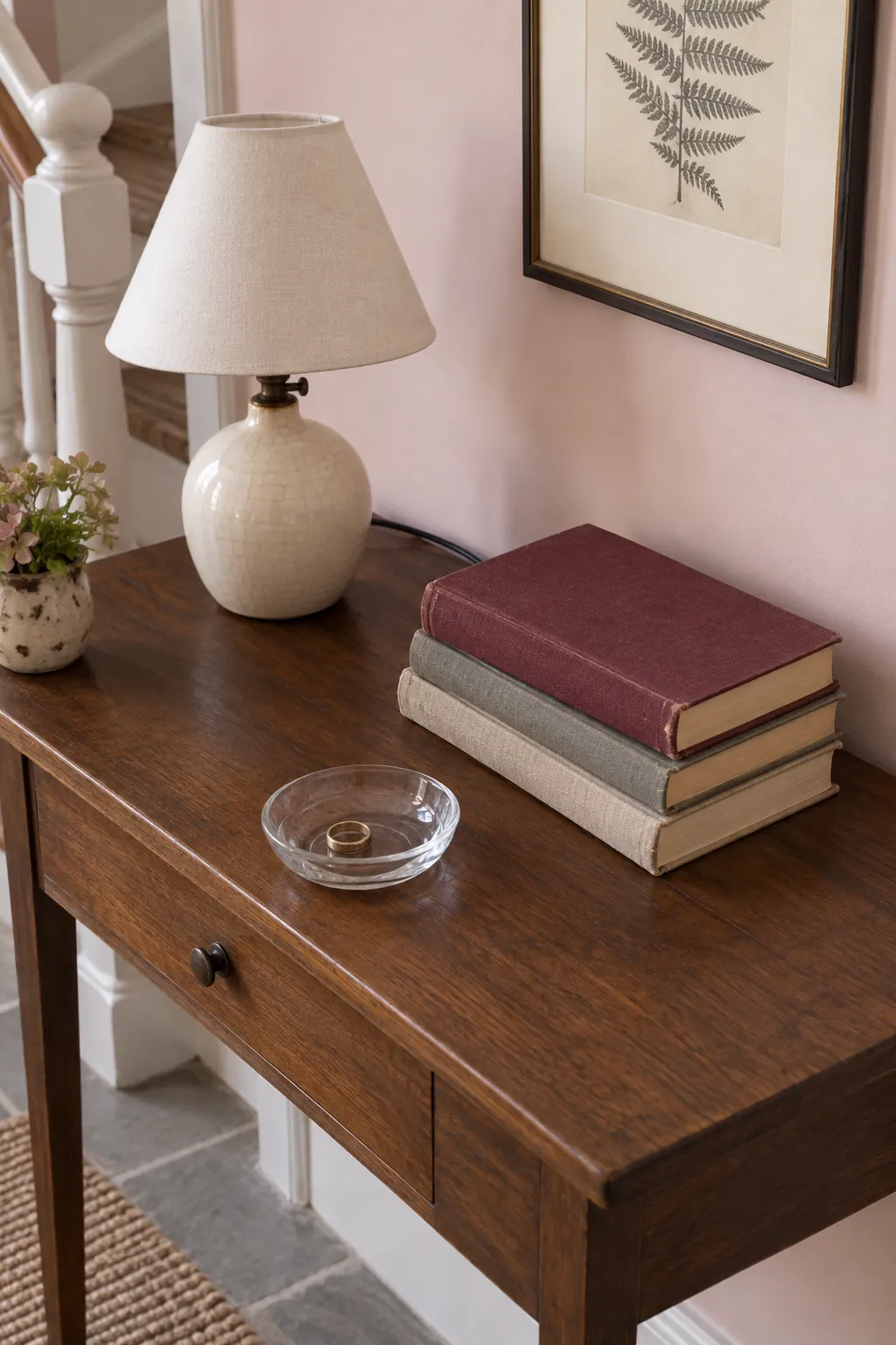 Use a Low Book Stack as a Visual Screen in an entryway lamp and console arrangement