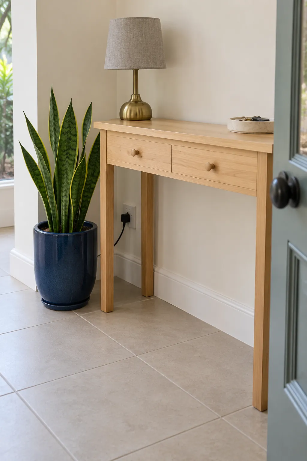 Use a Floor Planter to Screen the Lower Drop in an entryway lamp and console arrangement