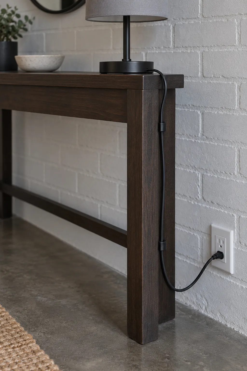 Guide the Cable Down the Rear Leg in an entryway lamp and console arrangement