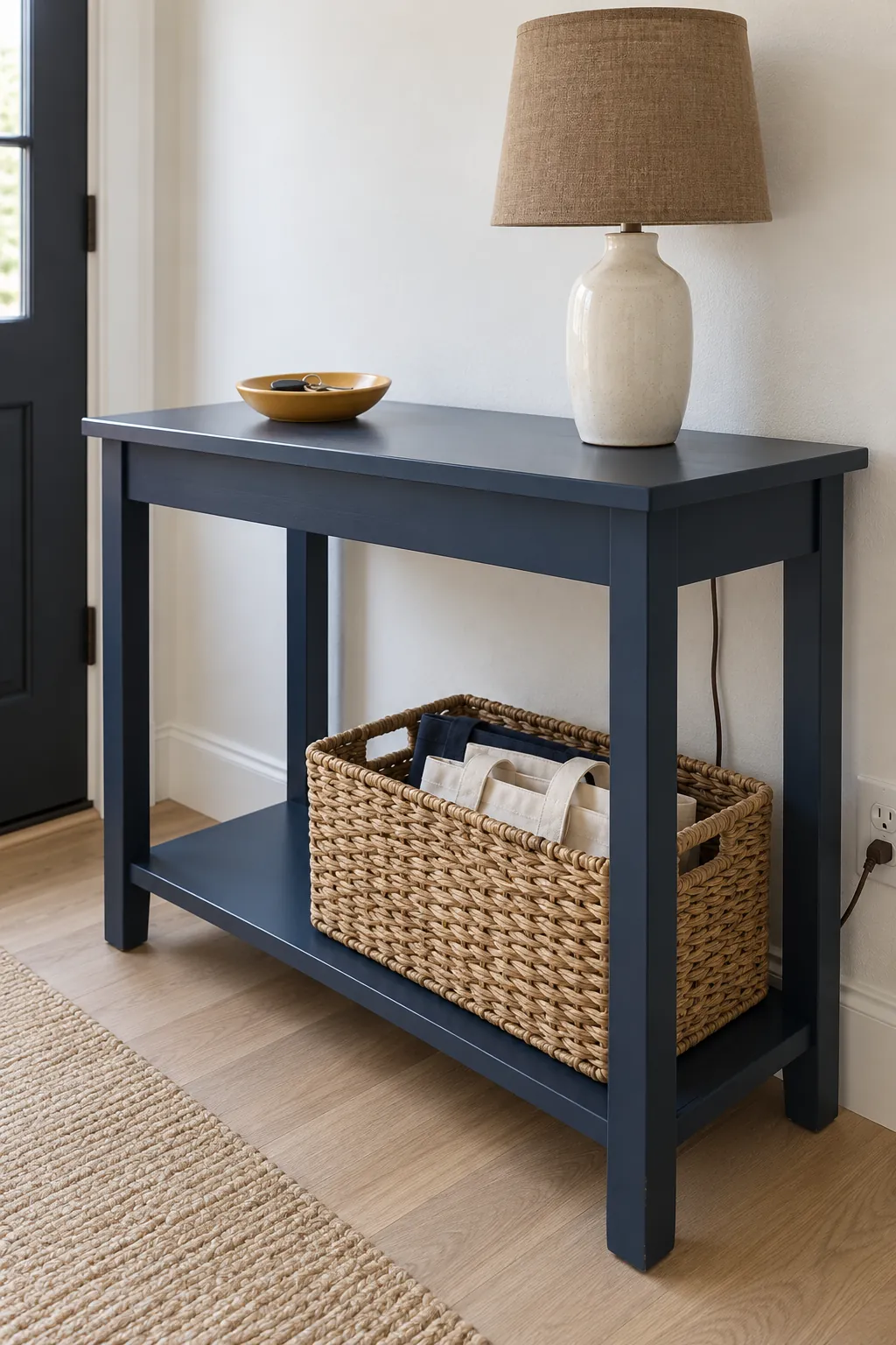 Place a Basket in Front of the Lower Sightline in an entryway lamp and console arrangement