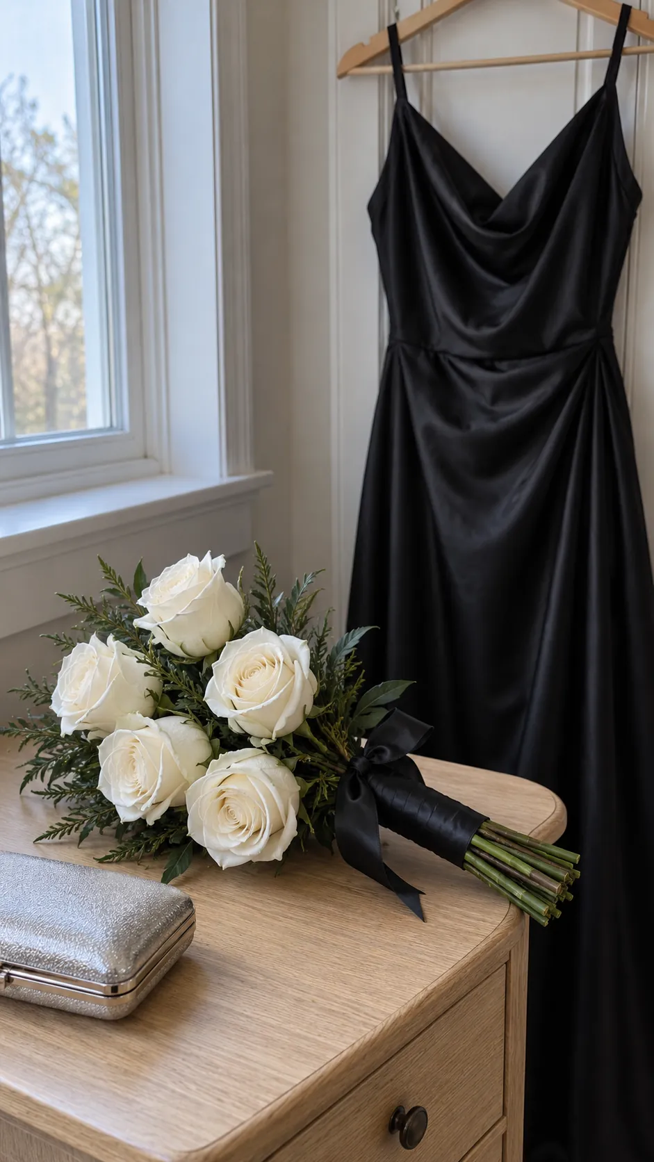 White Roses With a Black Ribbon in a homecoming flower bouquet