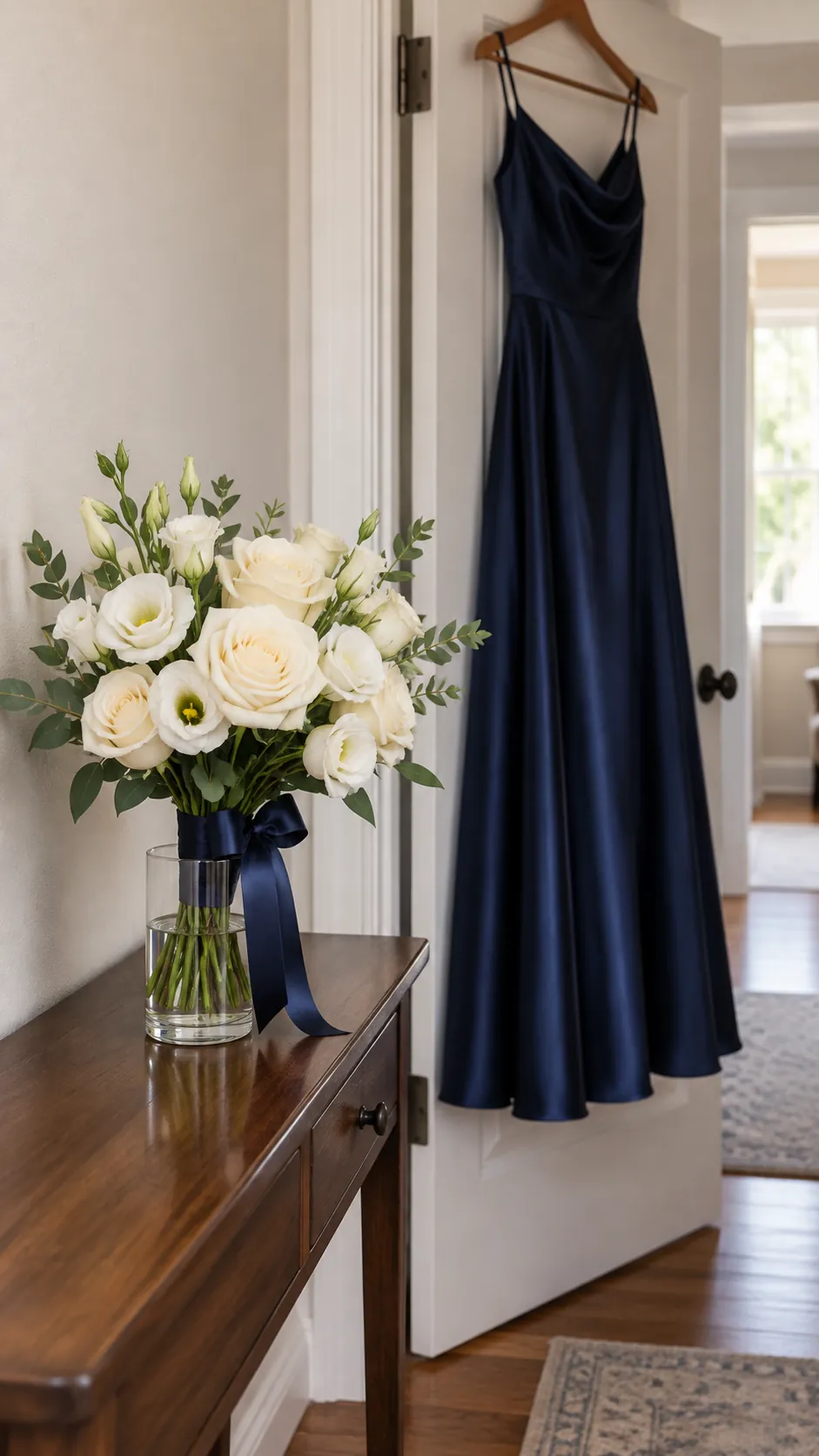 Cream Flowers Beside Navy Satin in a homecoming flower bouquet
