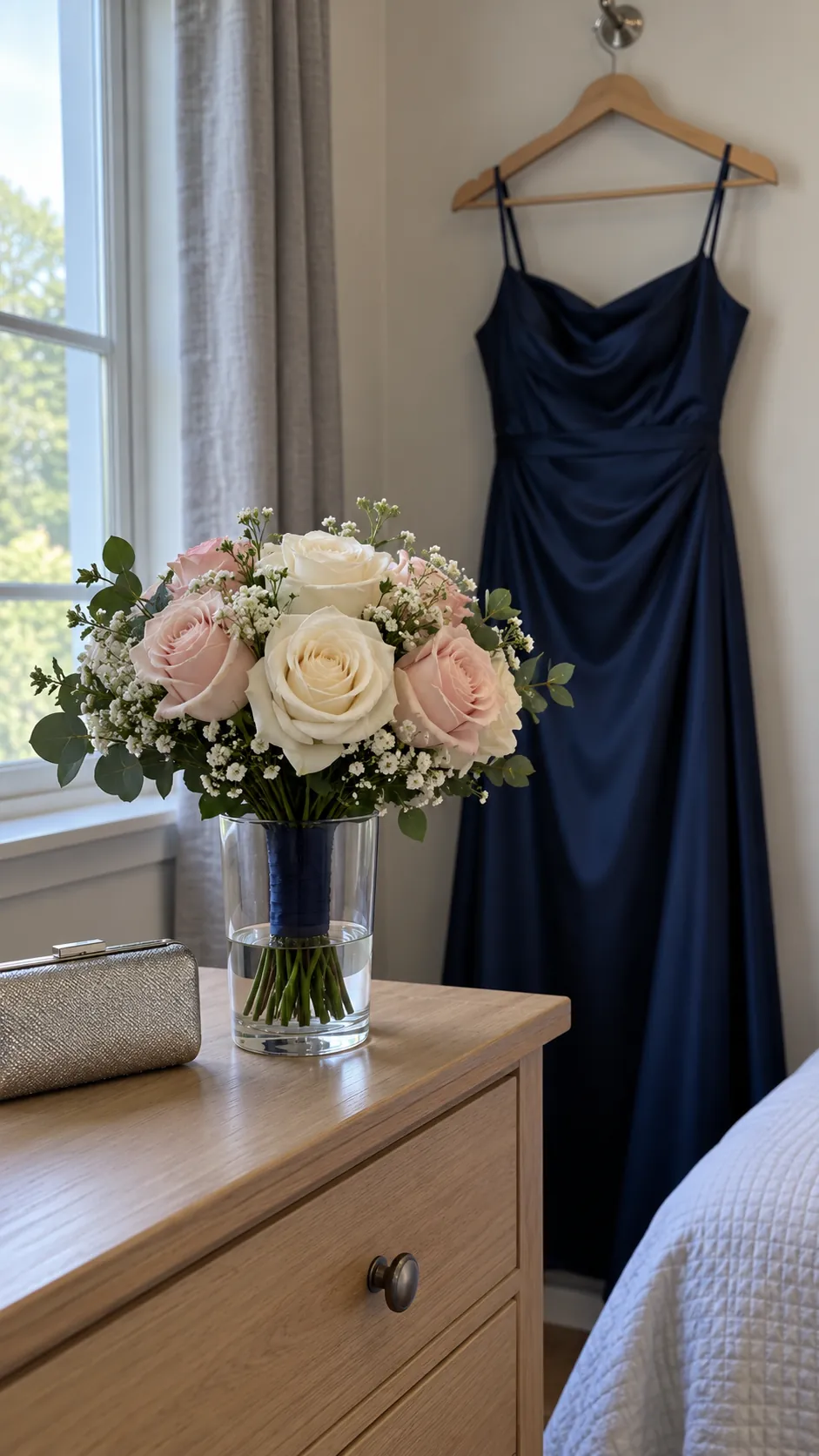 Cream and blush homecoming bouquet beside a navy satin dress