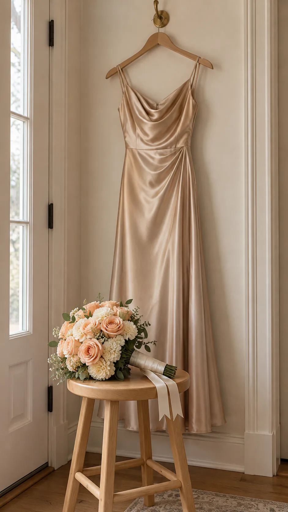 Peach Flowers for Warm Champagne Fabric in a homecoming flower bouquet