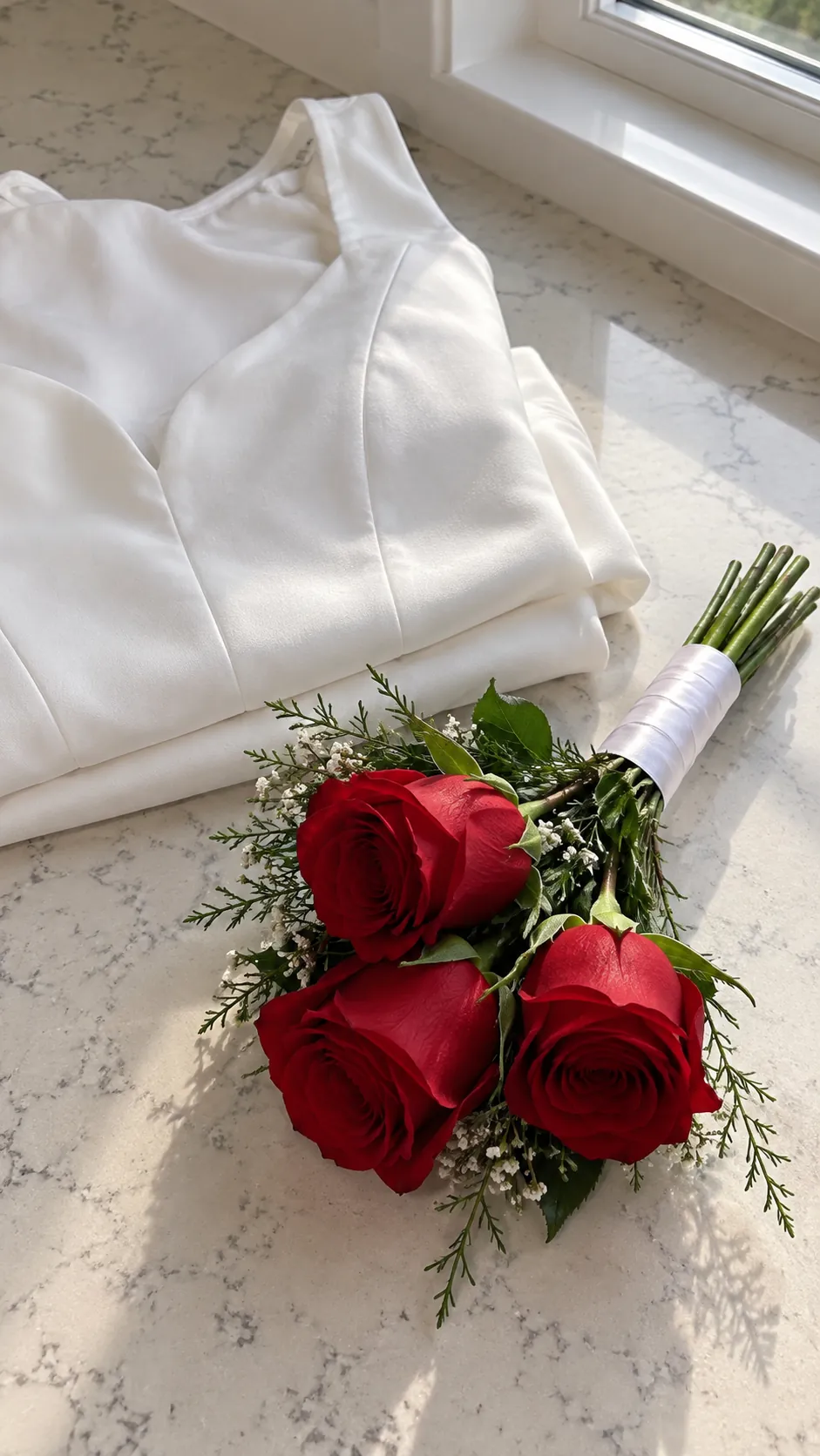Red Roses Against a Simple White Outfit in a homecoming flower bouquet