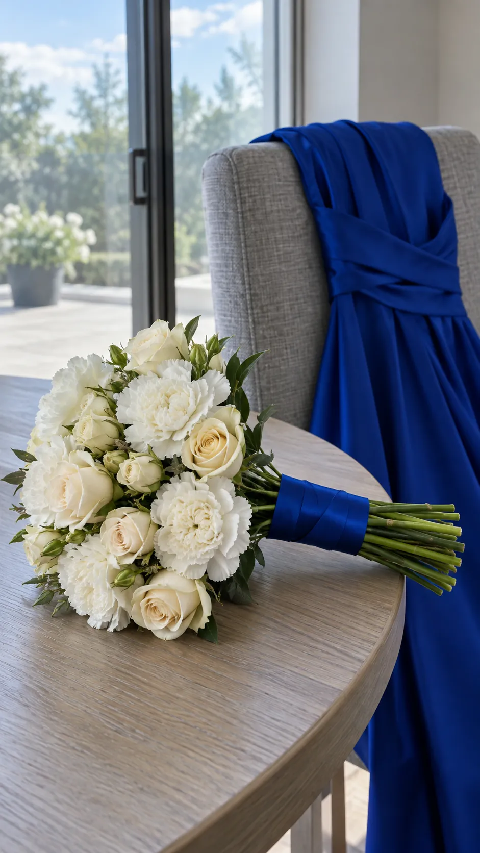 Blue Ribbon Around Neutral Flowers in a homecoming flower bouquet