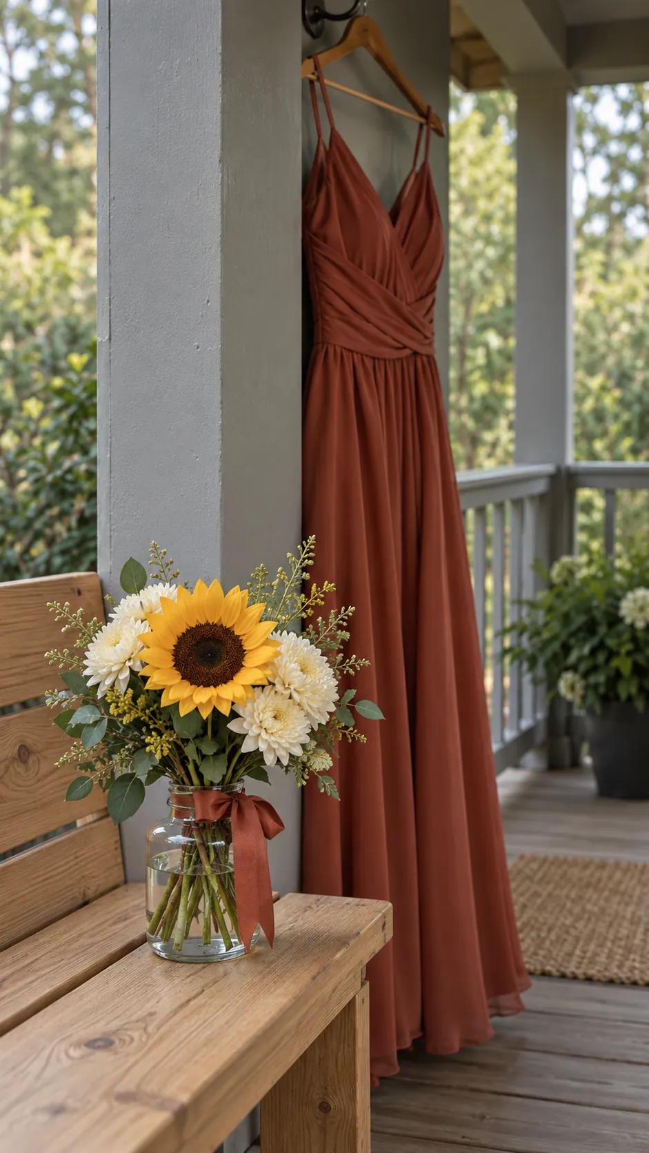 A Sunflower Accent for a Rust Dress in a homecoming flower bouquet