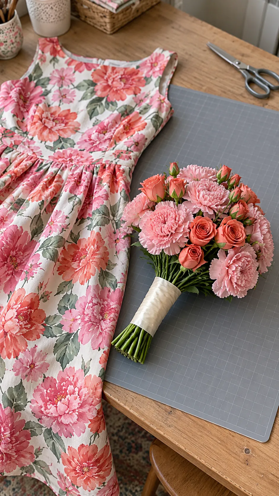 Pink and Coral for a Bright Floral Dress in a homecoming flower bouquet