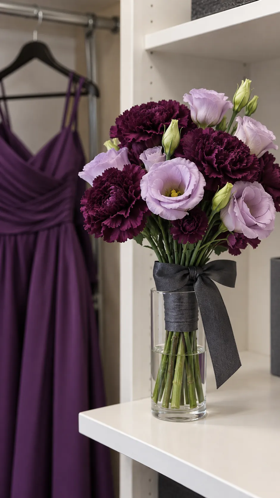Deep Plum With Pale Lilac Contrast in a homecoming flower bouquet