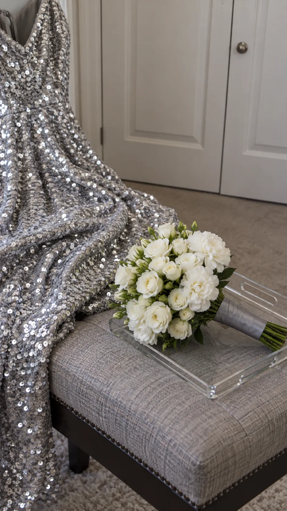 White Flowers for a Silver Sequined Dress in a homecoming flower bouquet