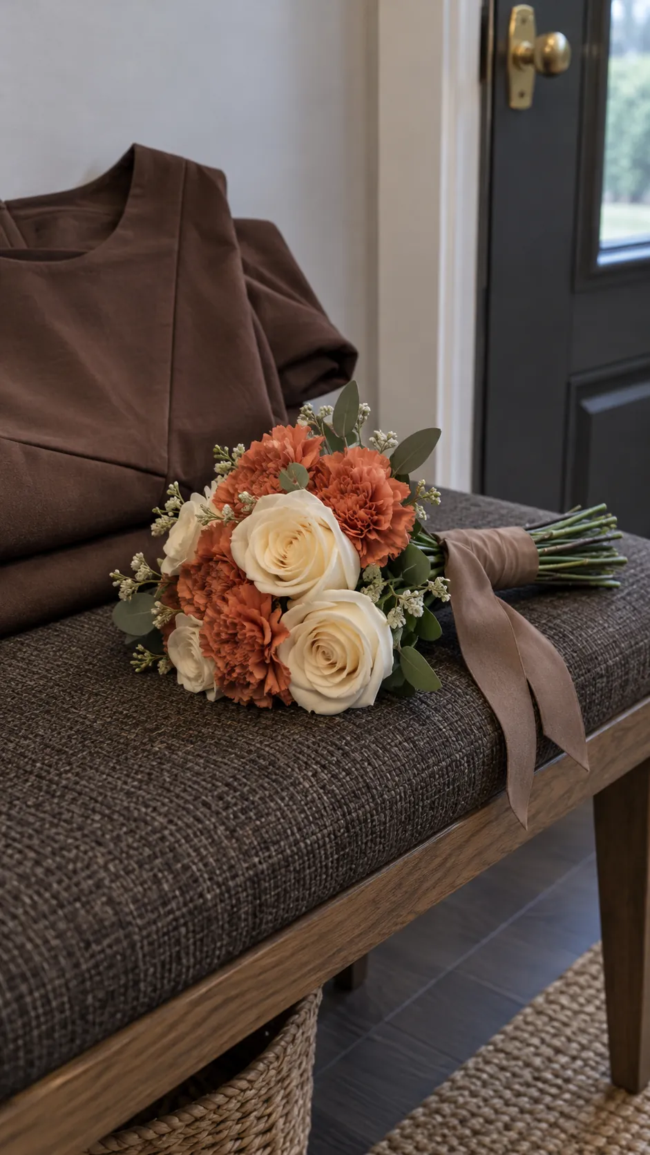 Orange and Cream for a Brown Outfit in a homecoming flower bouquet