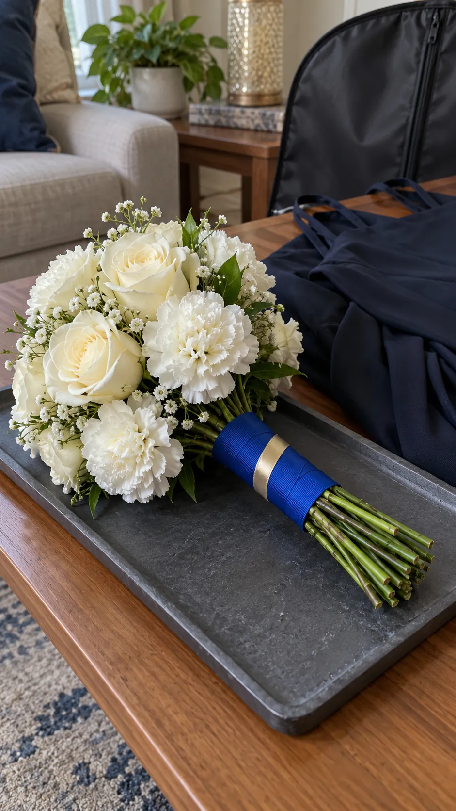 A School Color Ribbon on Neutral Blooms in a homecoming flower bouquet