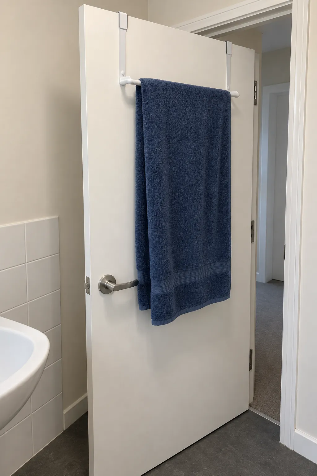 Towel rack on the inside of a small bathroom door