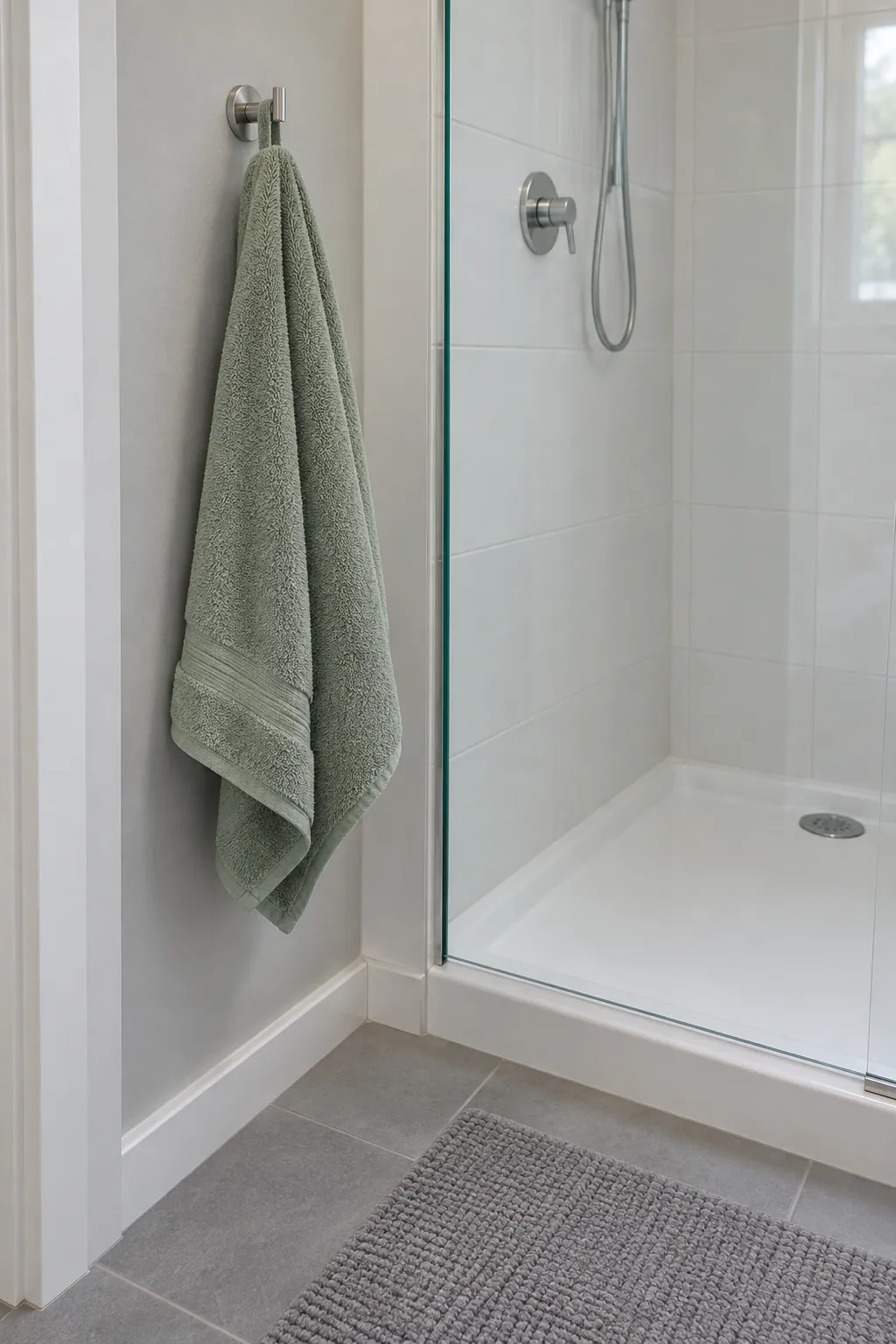 Towel hook on a dry wall near a small shower entrance