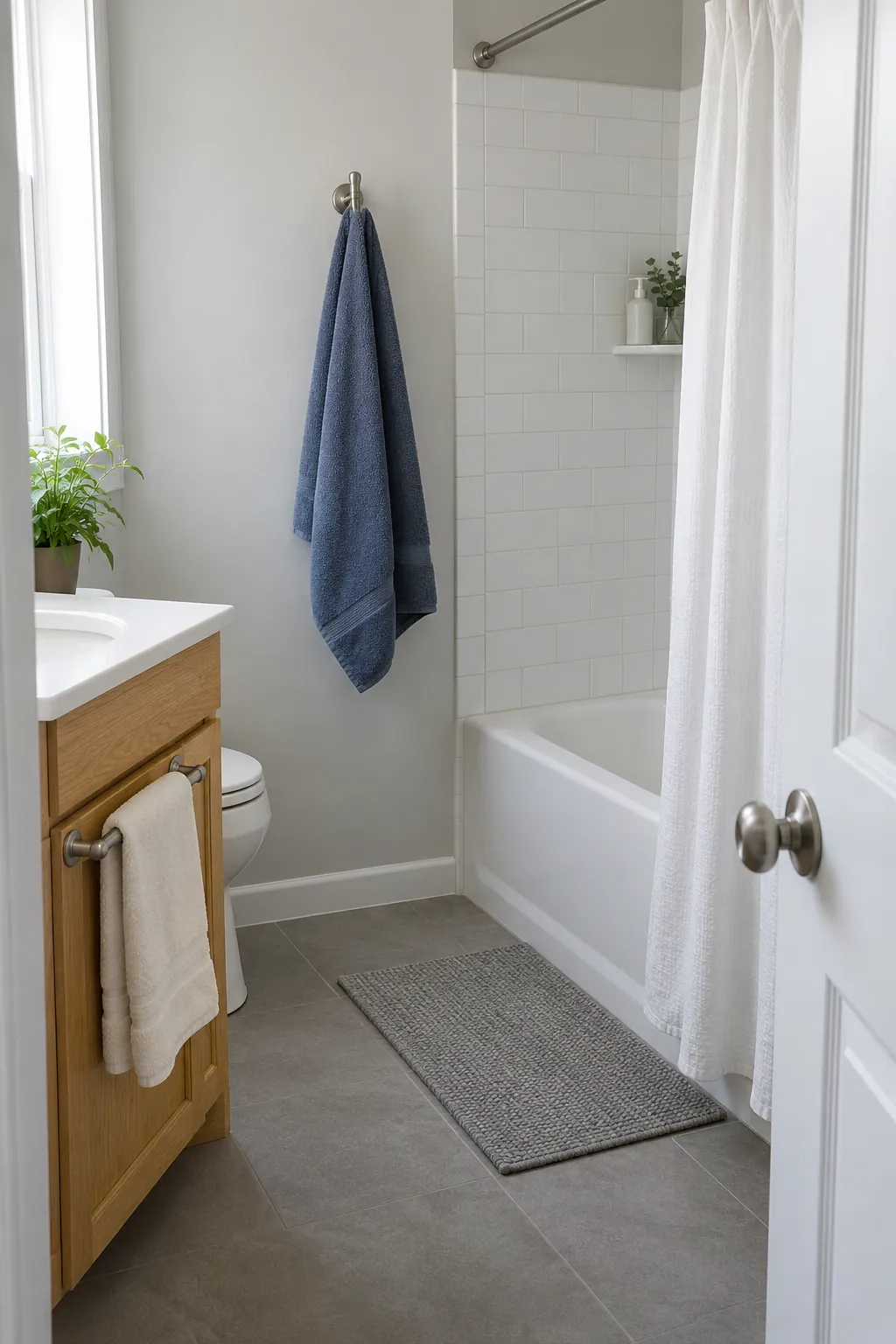 Reachable towel positions beside a small bathroom bath and vanity
