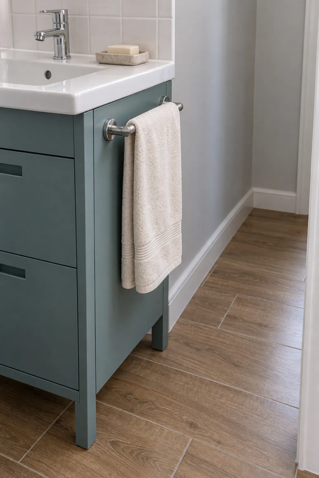 Hand towel bar fitted to the side of a compact vanity