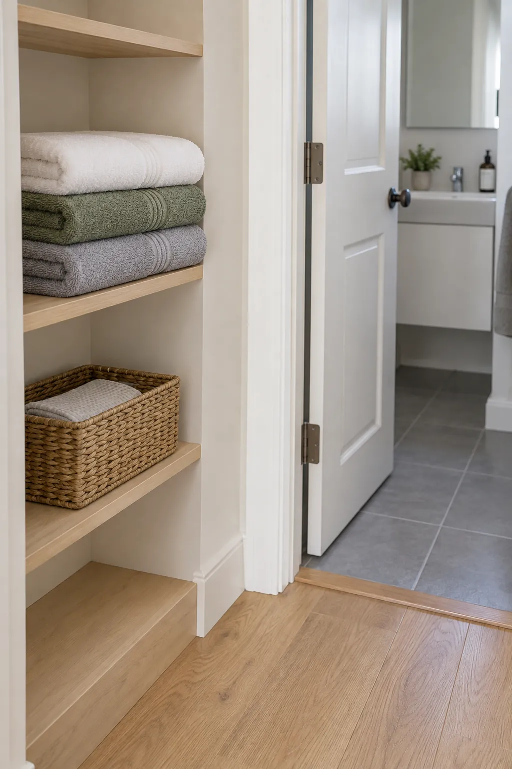 Clean folded towels stored on a shelf outside a small bathroom