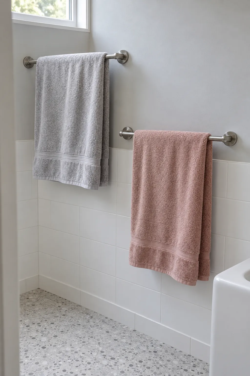 Two separated towel bars with towels hanging freely