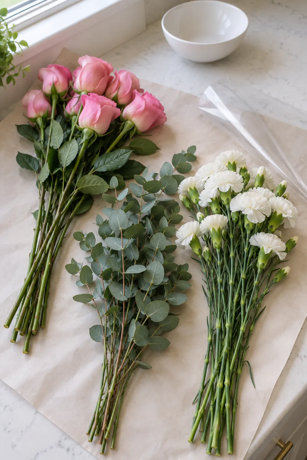 Fresh roses, carnations and greenery selected for a small homecoming bouquet