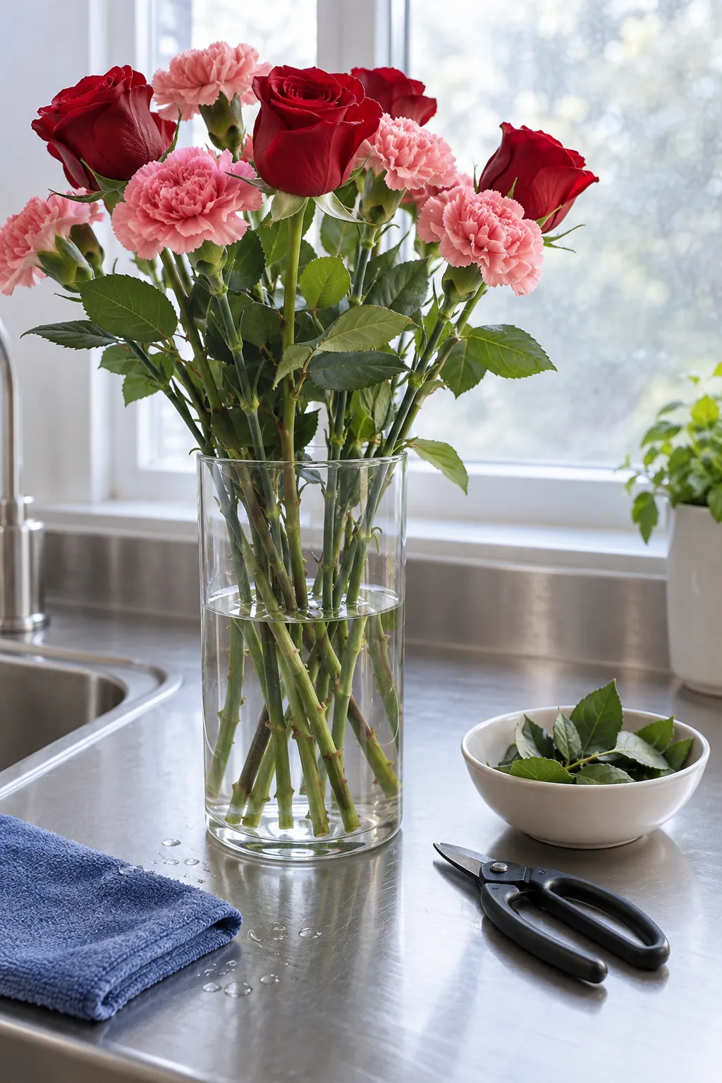 Clean flower preparation supplies and stems hydrating in a vase