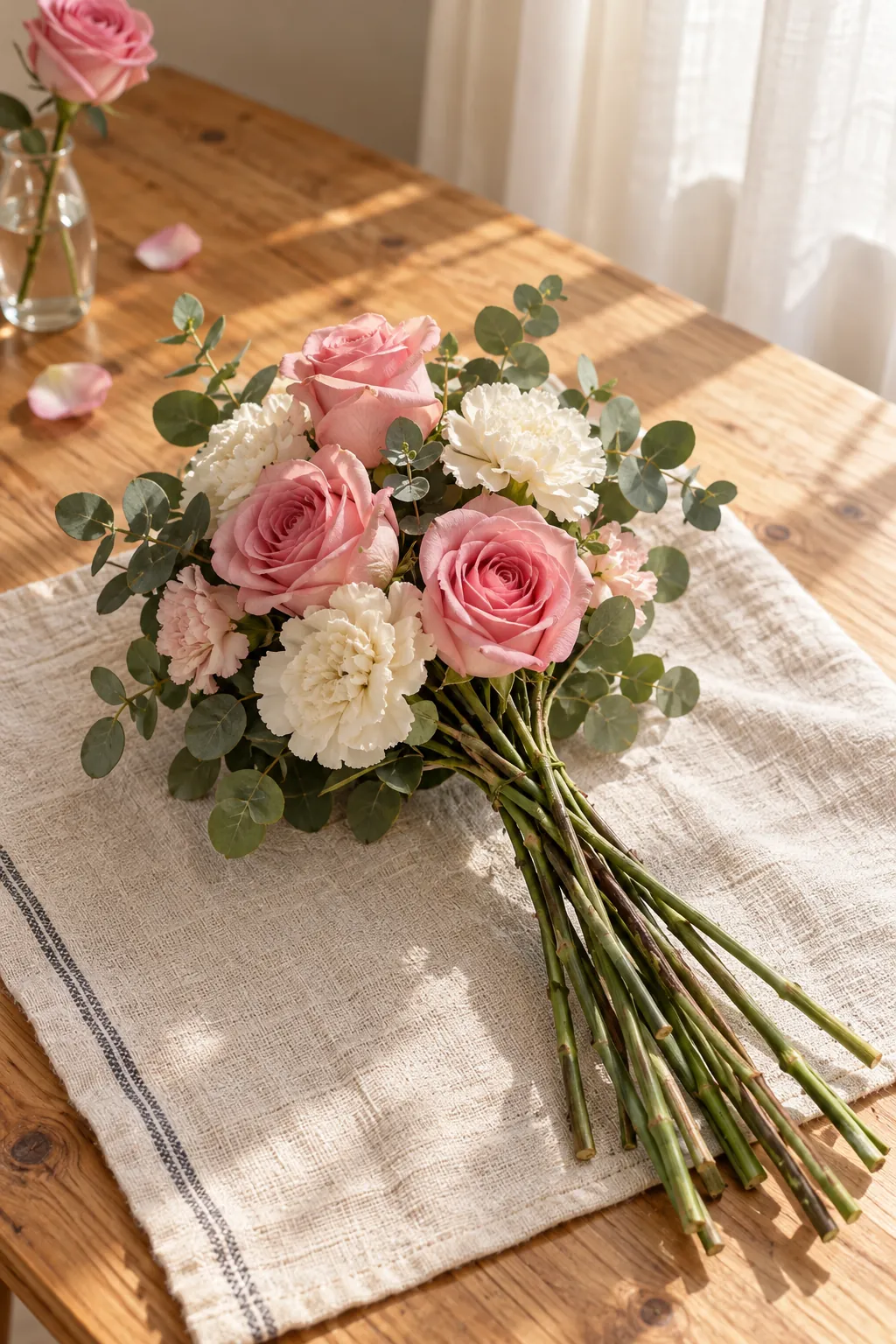 Rounded pink and cream bouquet arranged with visible angled stems