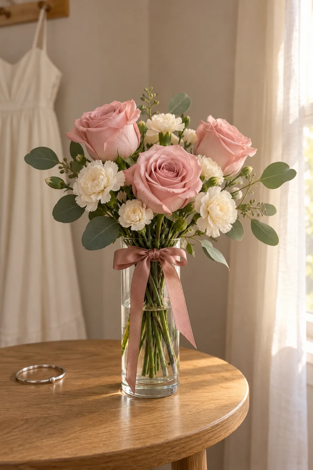 Small pink and cream homecoming bouquet with a satin bow