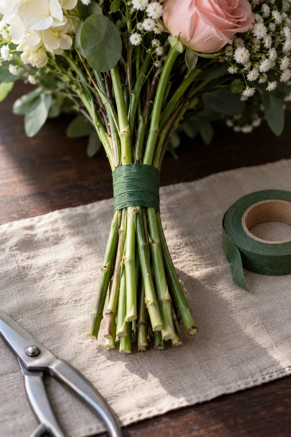 Narrow binding tape securing a small bouquet at the gathering point