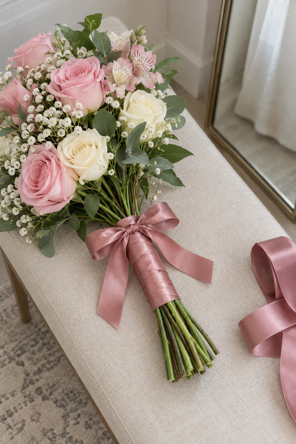 Satin ribbon covering the handle with exposed stem ends below