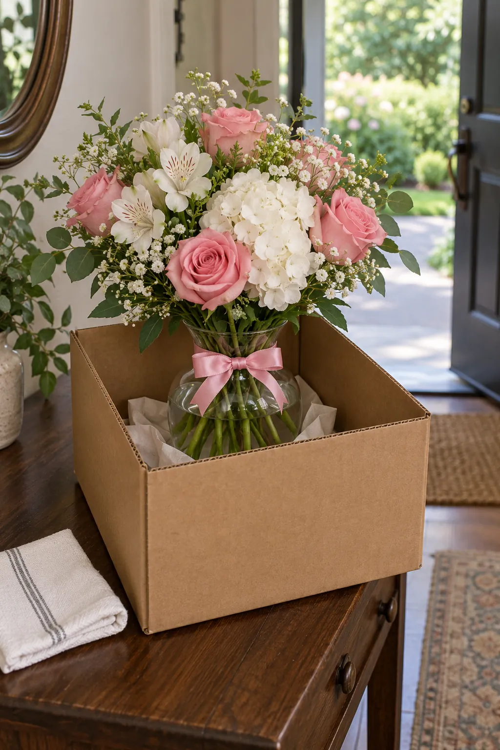 Finished homecoming bouquet stored upright with ribbon above the water