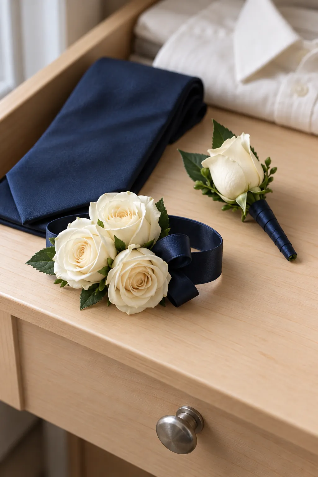 Ivory roses with navy ribbon homecoming wrist corsage and boutonniere set