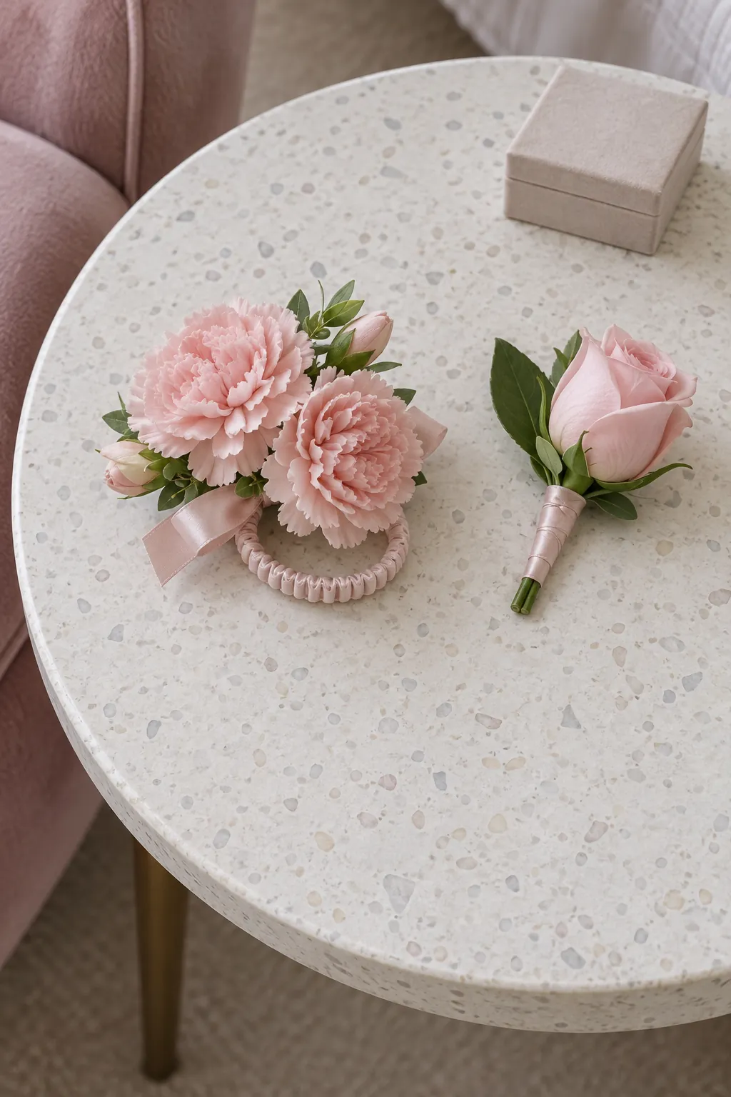 Blush carnations with a single pink rose homecoming wrist corsage and boutonniere set