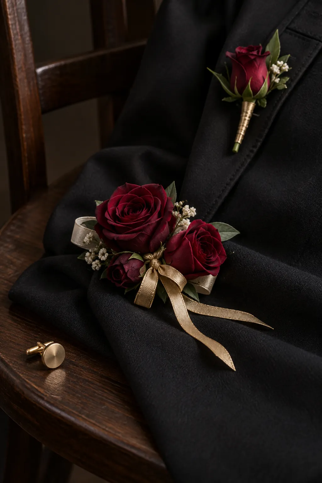 Burgundy roses with restrained gold accents homecoming wrist corsage and boutonniere set