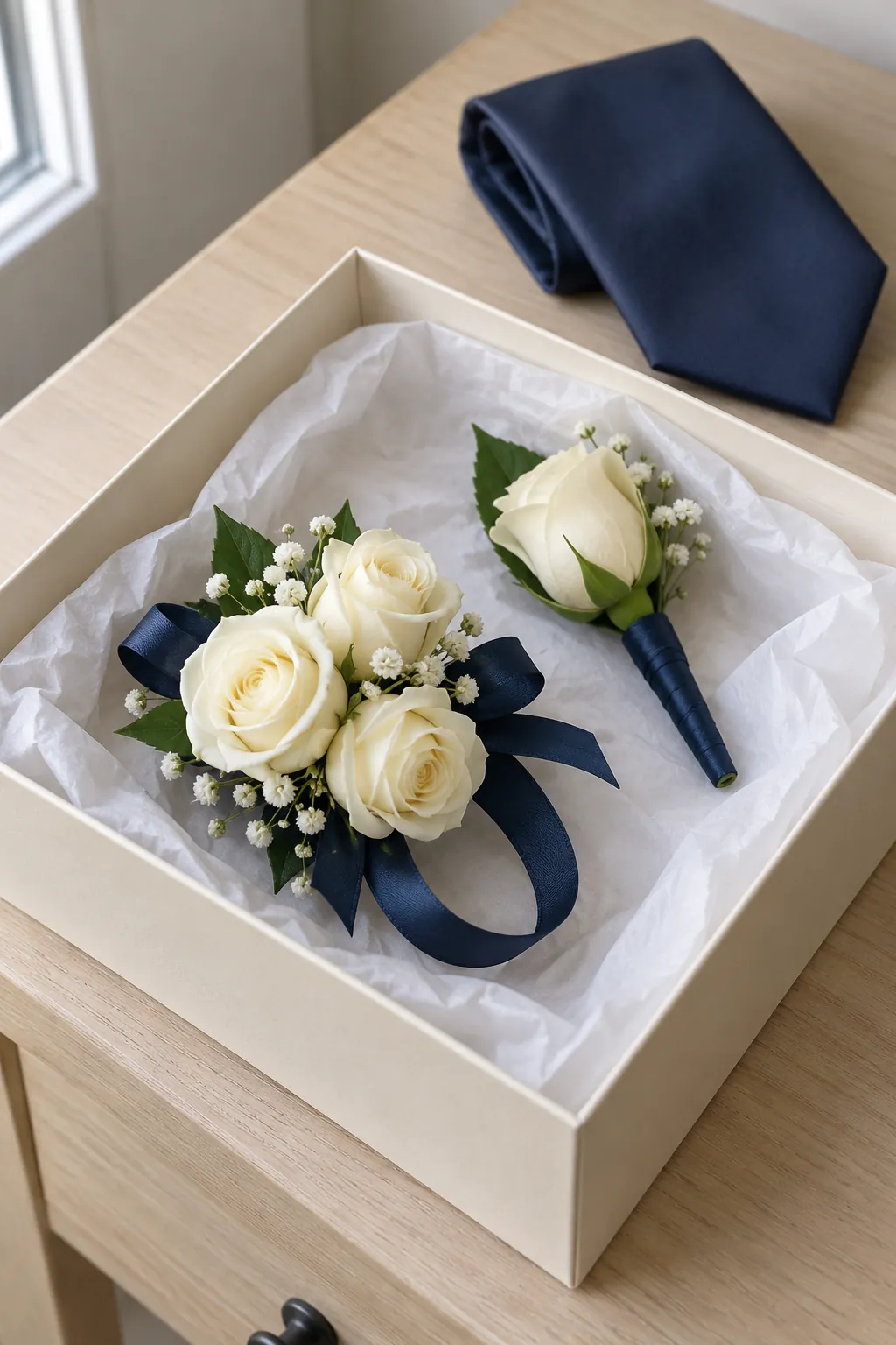 Ivory rose corsage and boutonniere with matching navy ribbon