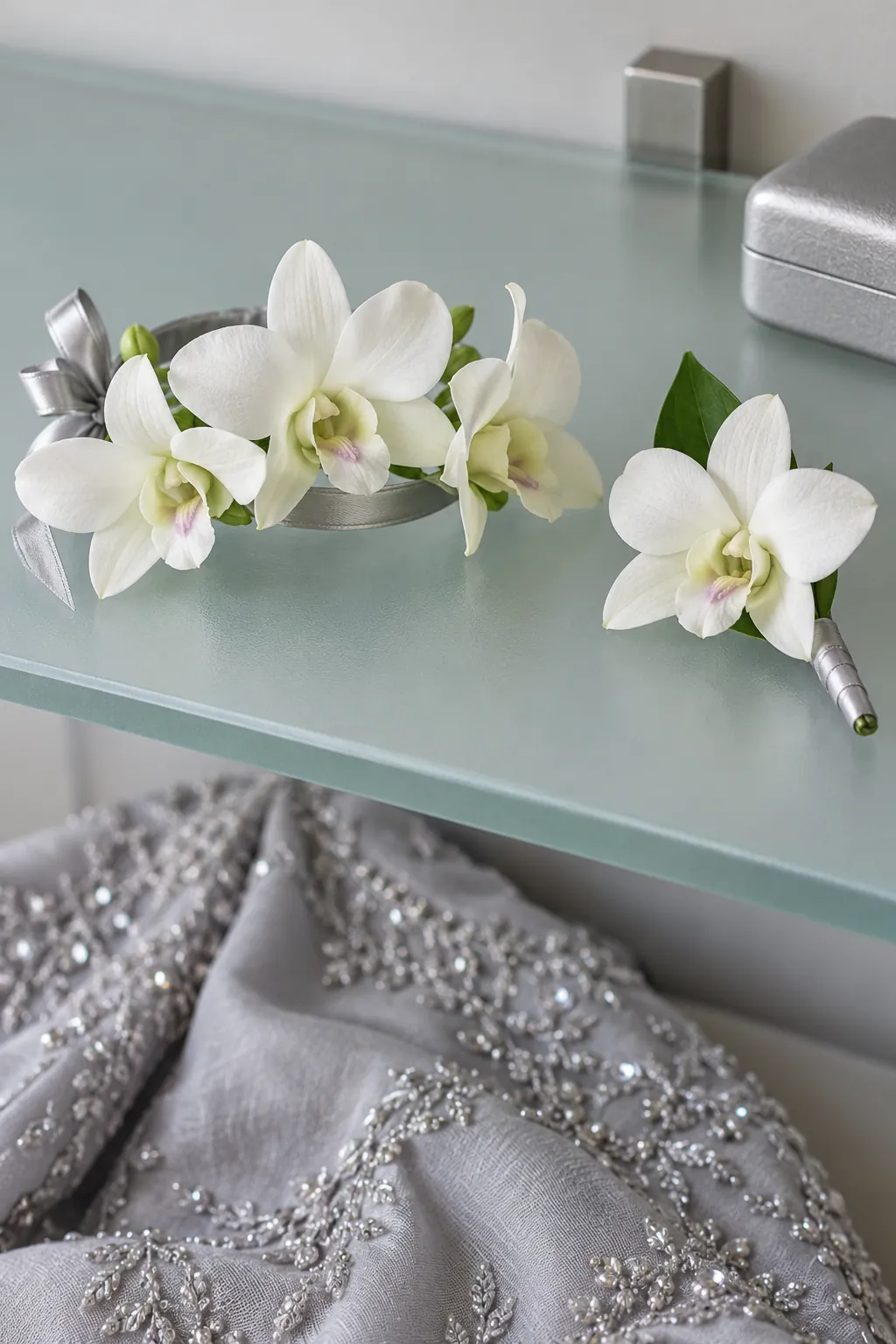 White orchids with silver ribbon homecoming wrist corsage and boutonniere set