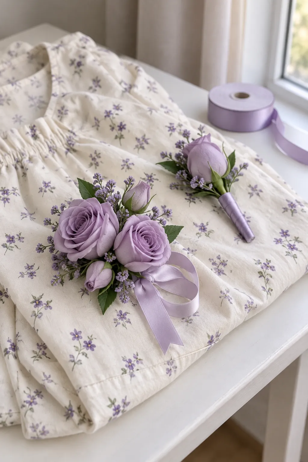 Lavender spray roses with lilac accents homecoming wrist corsage and boutonniere set
