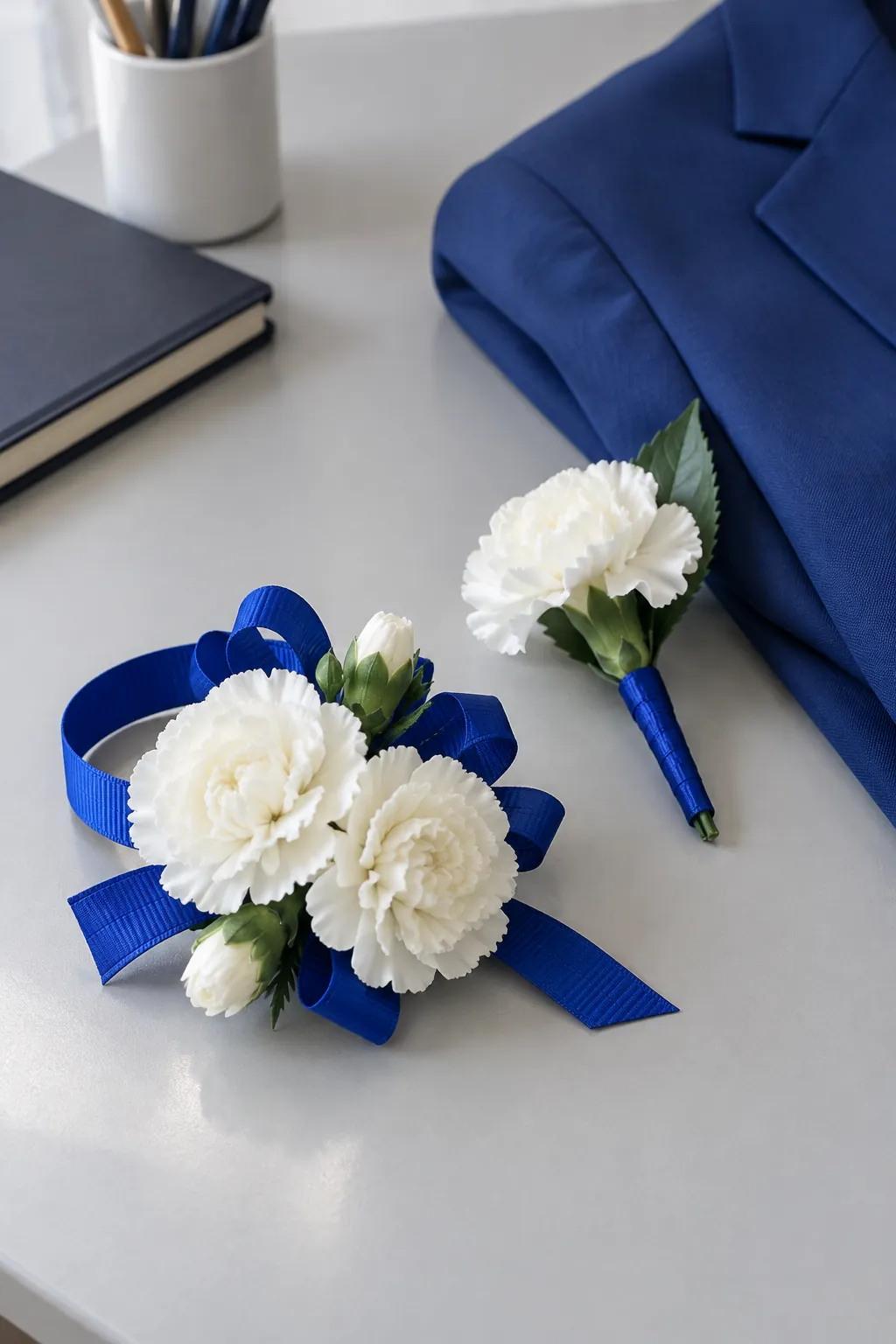 White carnations with a school color ribbon homecoming wrist corsage and boutonniere set
