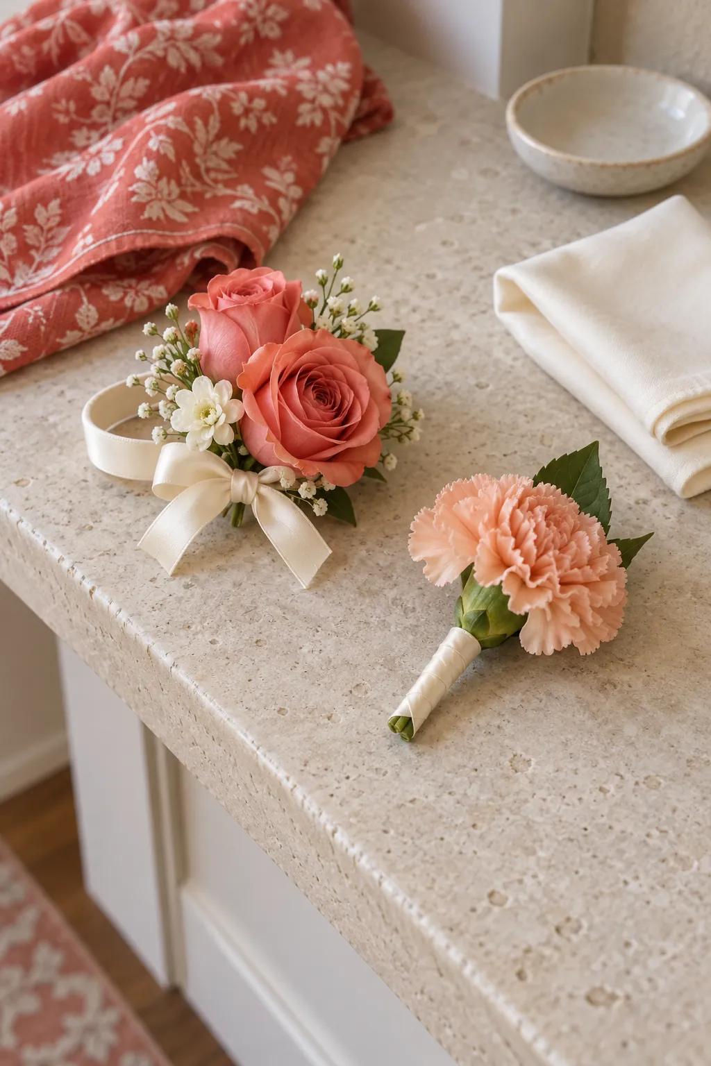 Coral roses with peach carnations homecoming wrist corsage and boutonniere set