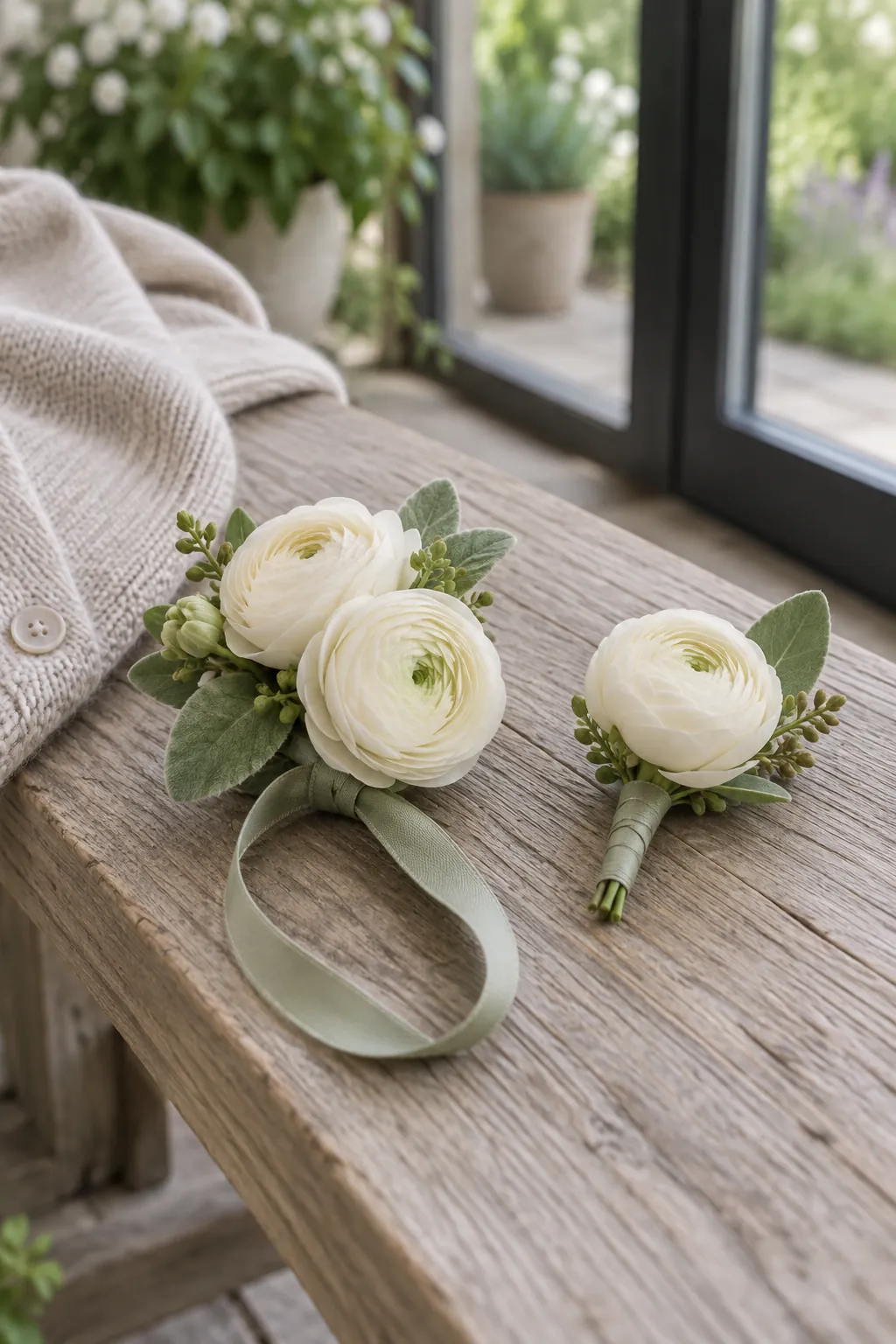 Cream ranunculus with sage greenery homecoming wrist corsage and boutonniere set