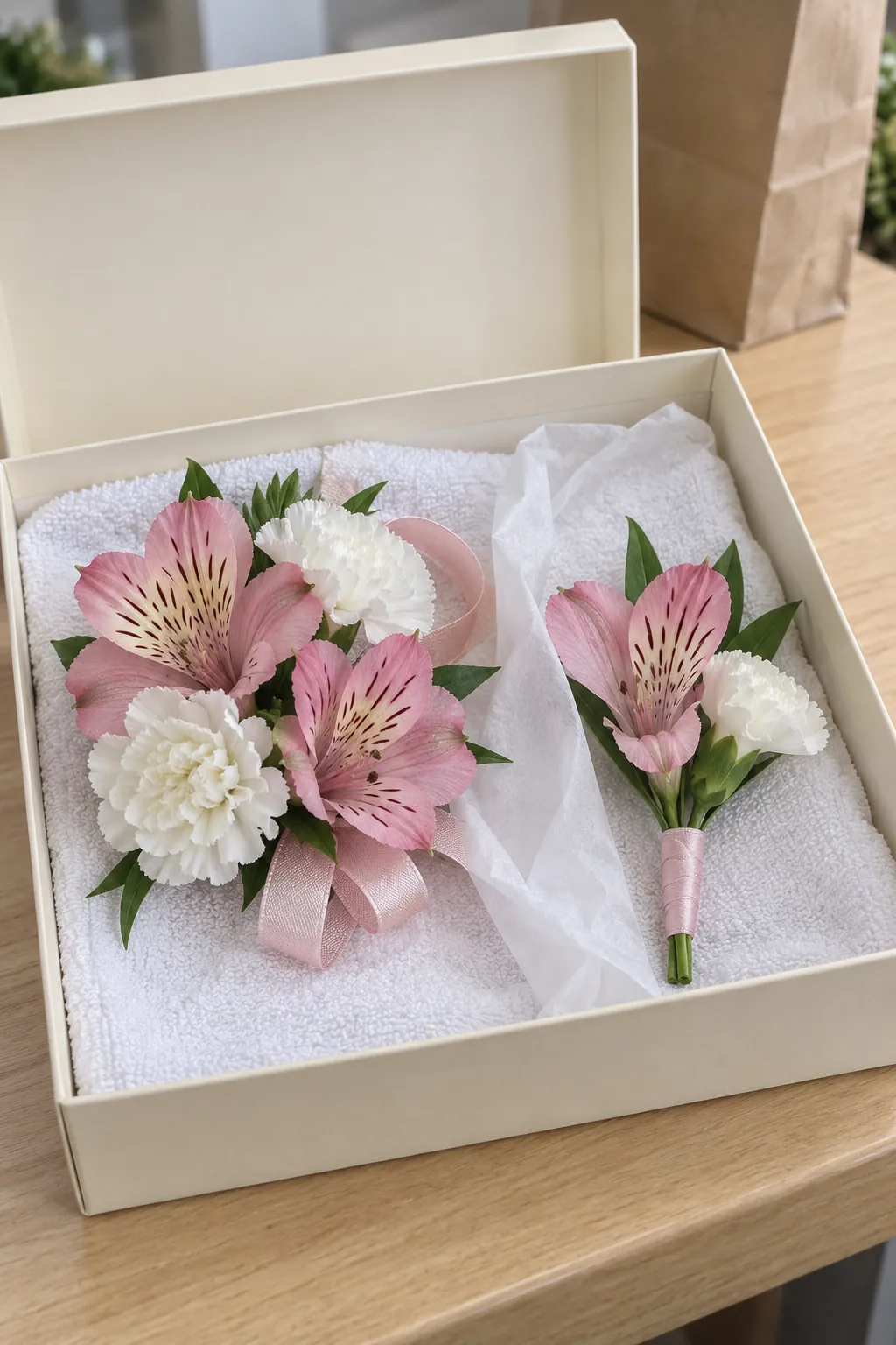 Pink alstroemeria with white carnations homecoming wrist corsage and boutonniere set