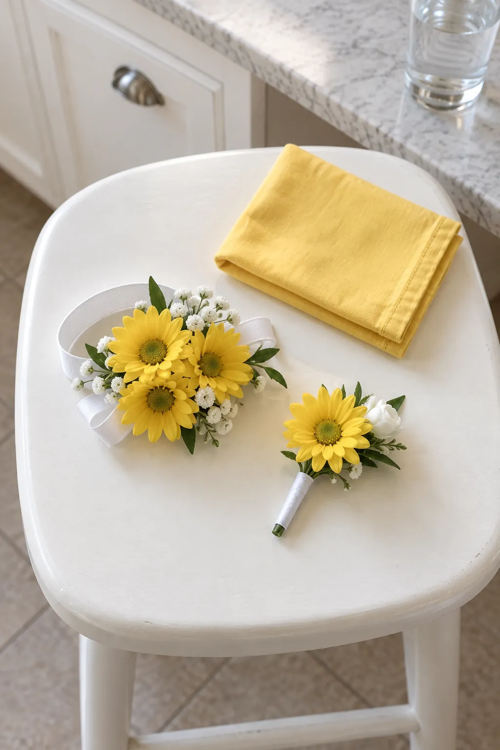 Yellow daisies with a white supporting bloom homecoming wrist corsage and boutonniere set