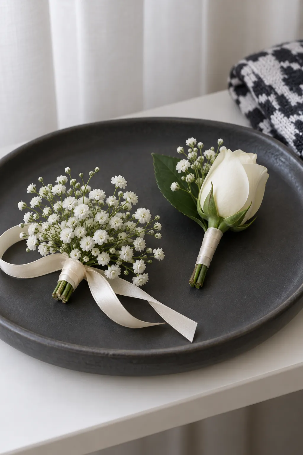 Baby's breath with a minimalist white rose homecoming wrist corsage and boutonniere set
