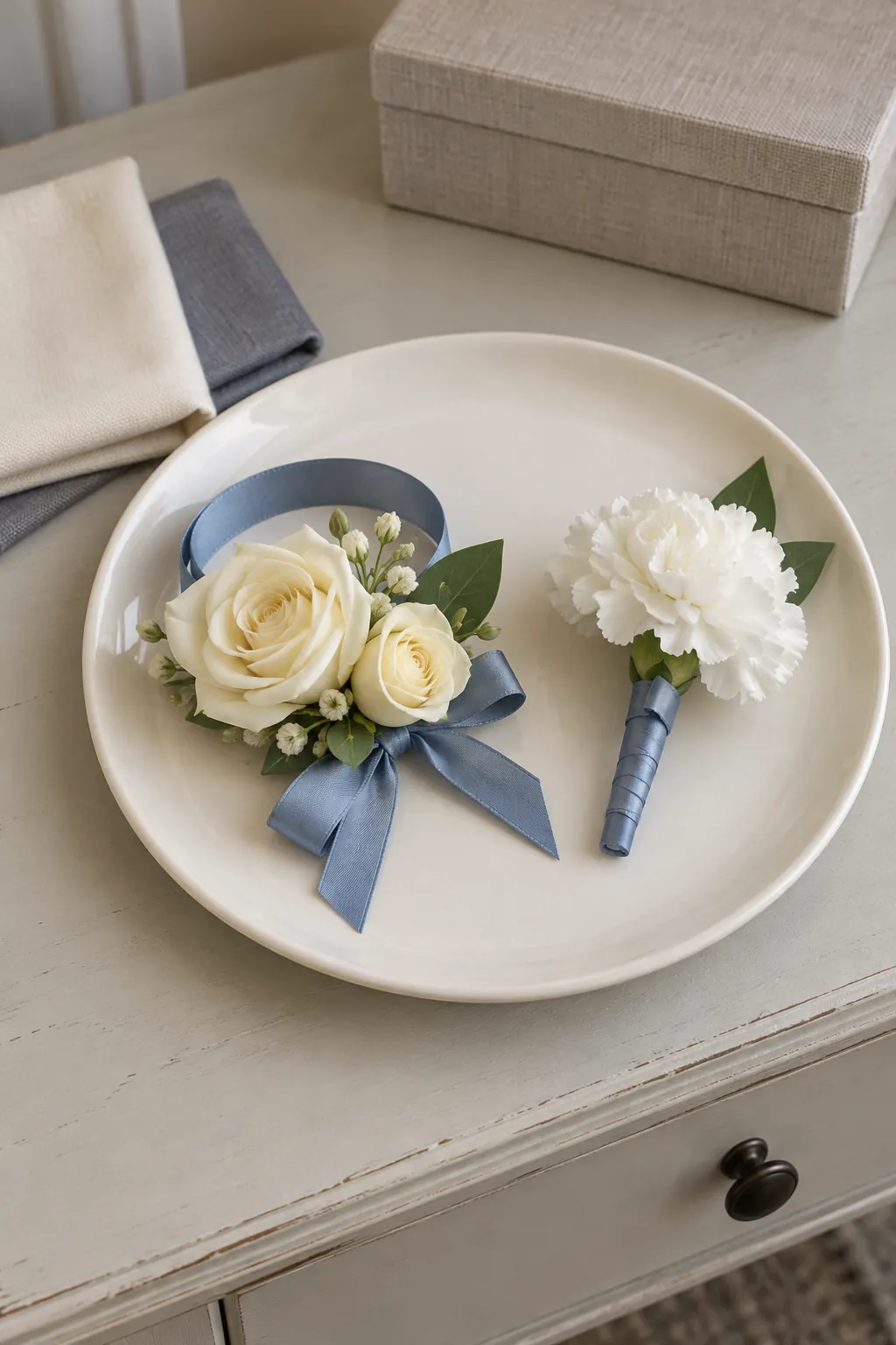 Shared ribbon with different neutral flowers homecoming wrist corsage and boutonniere set