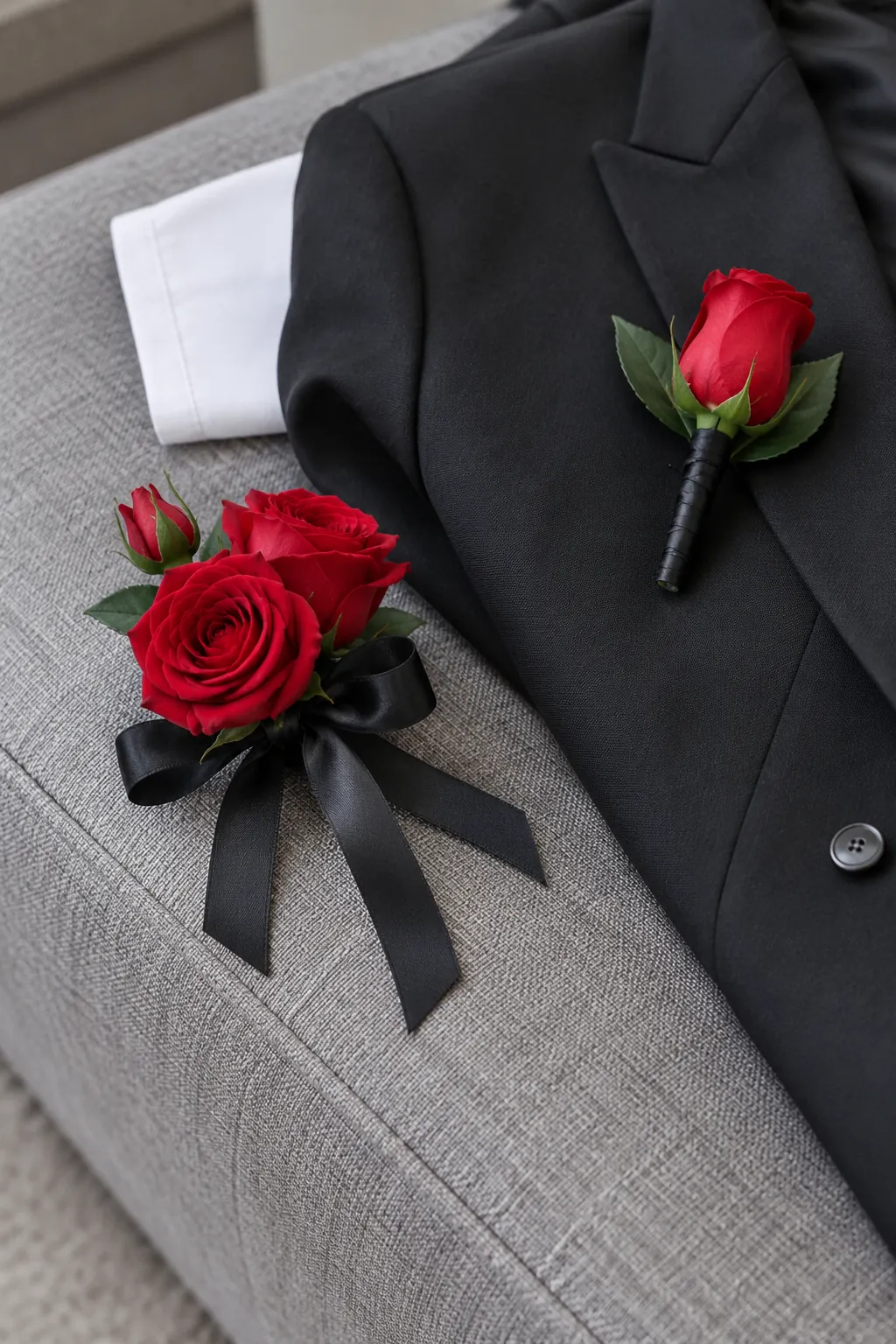 Red roses with black ribbon homecoming wrist corsage and boutonniere set