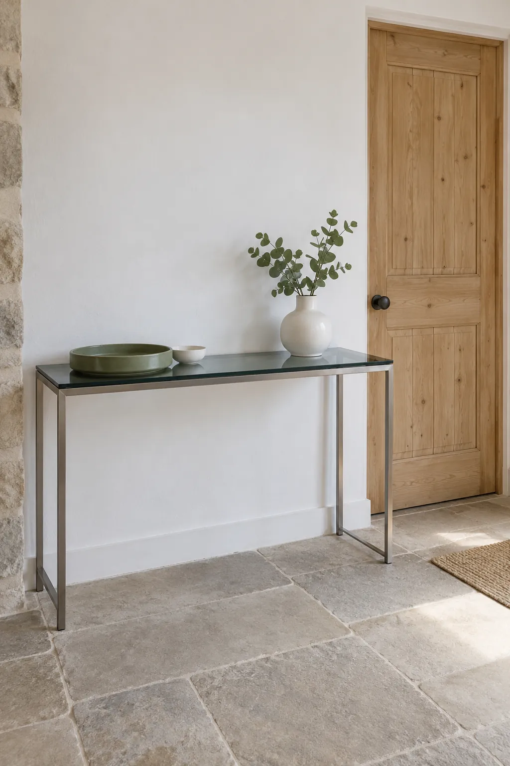 Simple glass console styling in a compact entryway