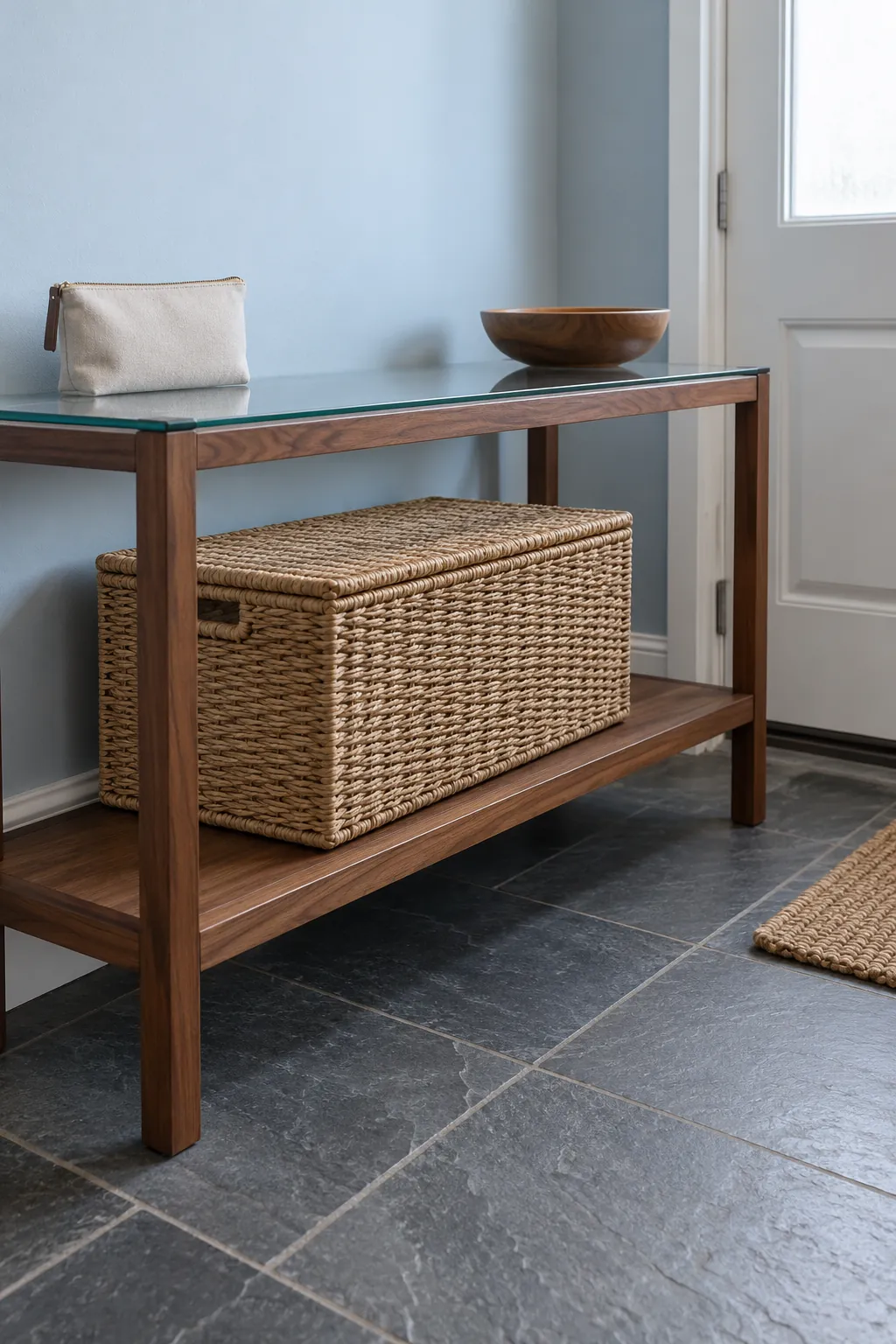 Closed woven basket with clearance on a console lower shelf