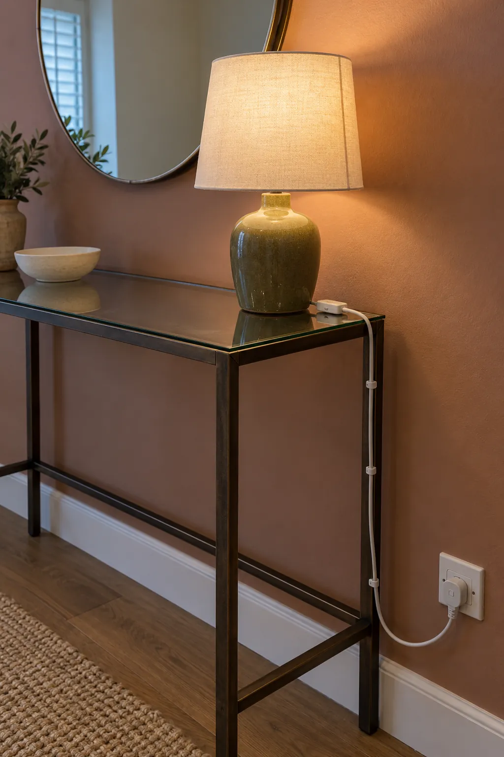 Lamp cord clipped down the rear leg of a glass console