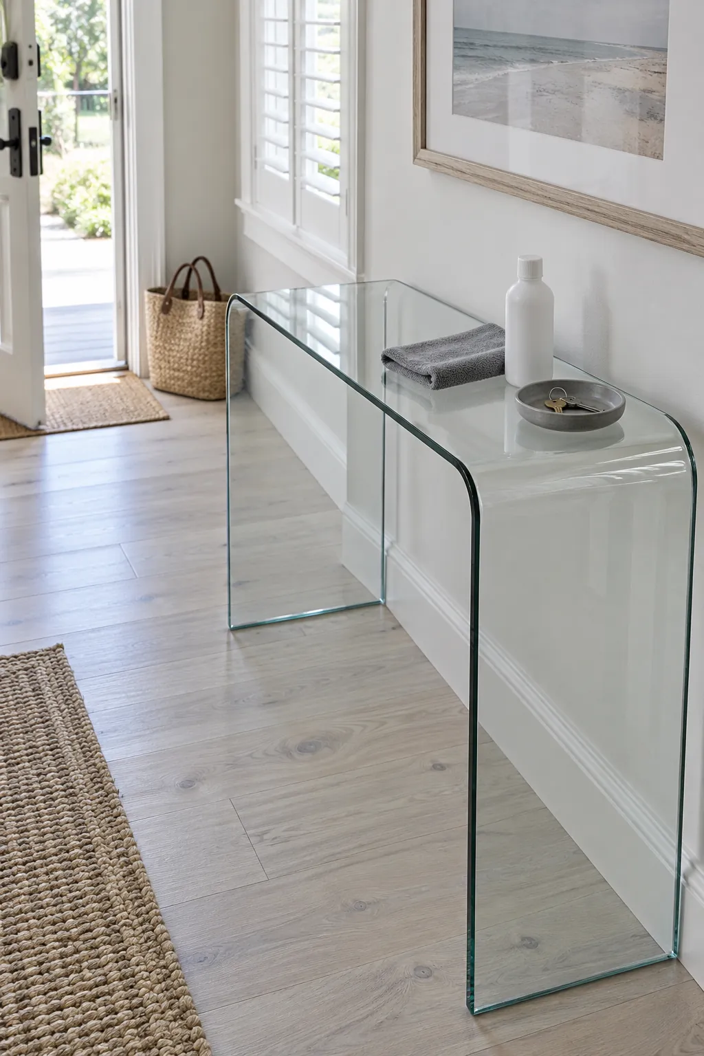 Clear bent glass console with simple daily objects and cleaning cloth