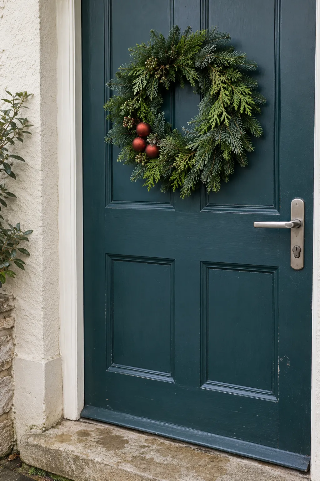A restrained evergreen door wreath for a rain exposed Christmas entrance