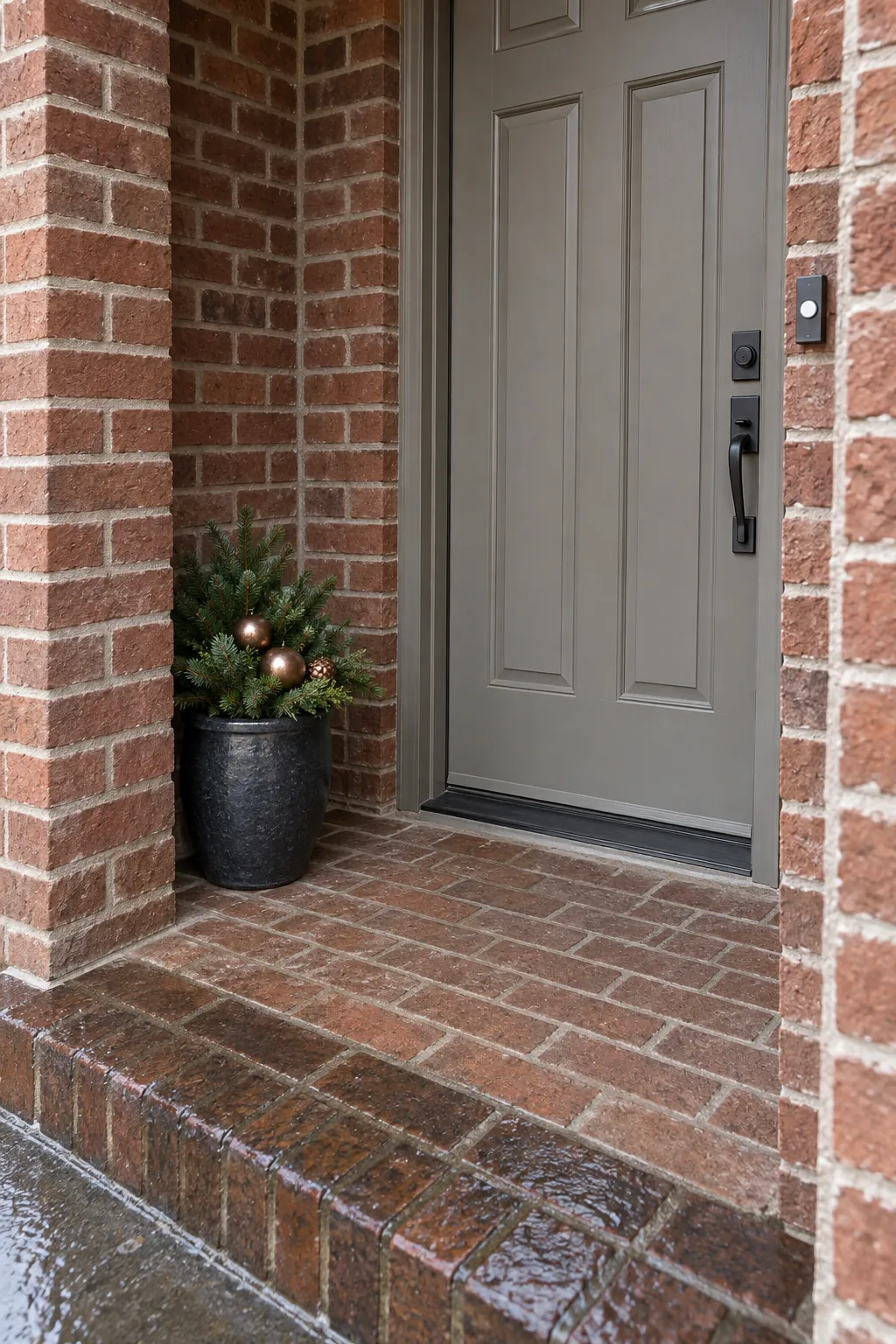 A compact arrangement inside the door recess for a rain exposed Christmas entrance