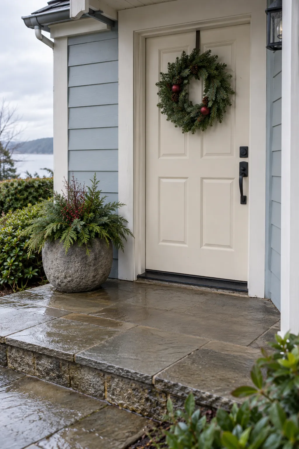 A restrained Christmas porch with evergreen wreath, low planter and clear rain exposed entrance